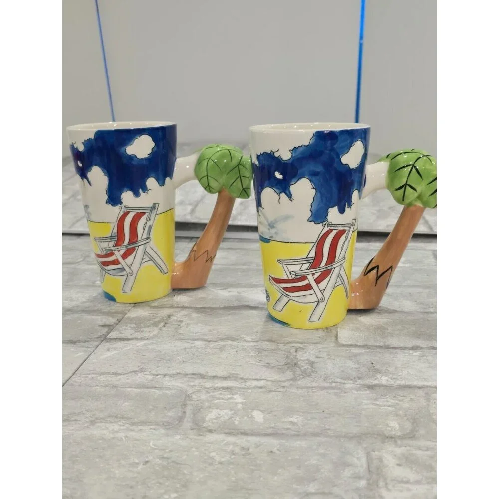 Lot of 2 Mugs Florida Marketplace‎ Painted Beach Theme Palm Tree Handles 2004